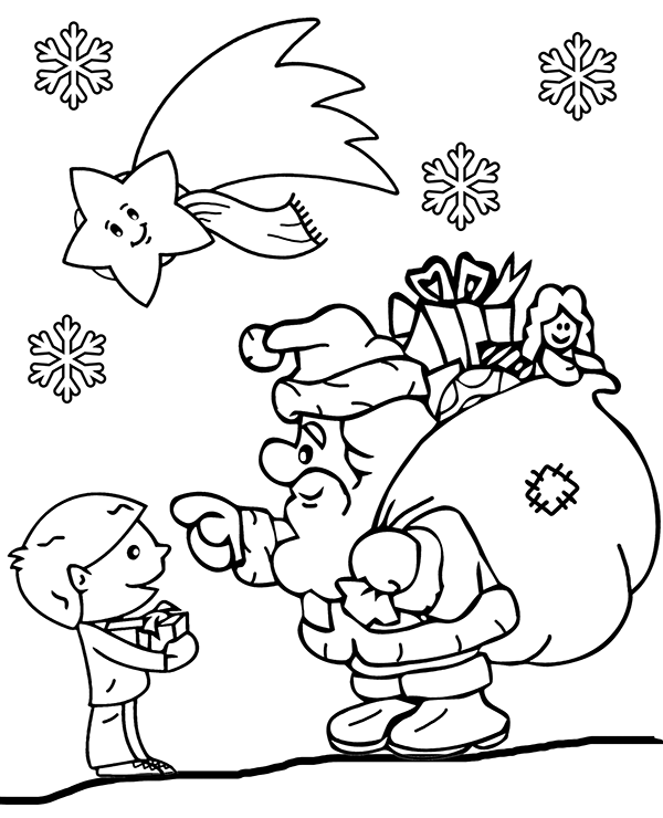 Święty Mikołaj i spadająca gwiazda kolorowanka do druku