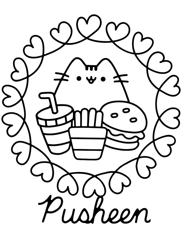 Kotek Pusheen i serca kolorowanka do wydruku