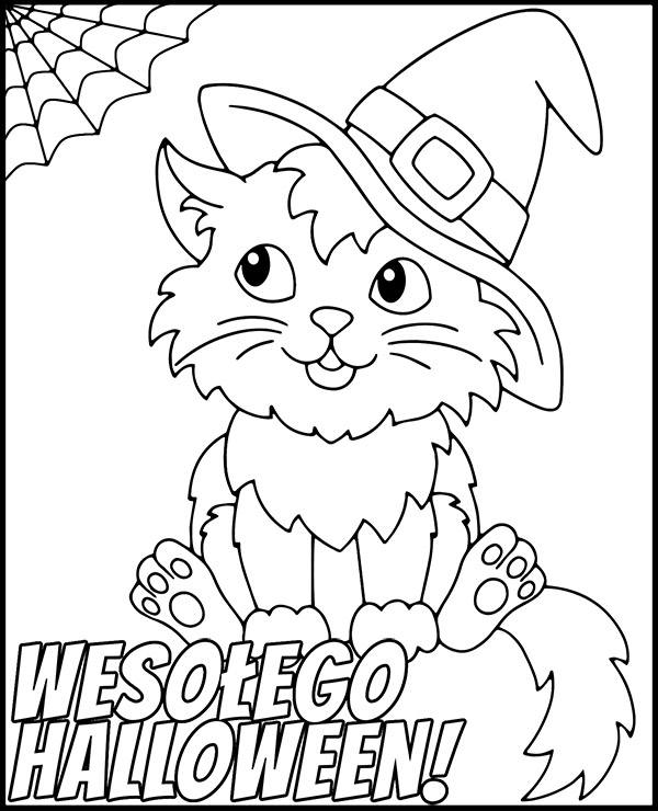 Kot kolorowanka na Halloween obrazek do druku