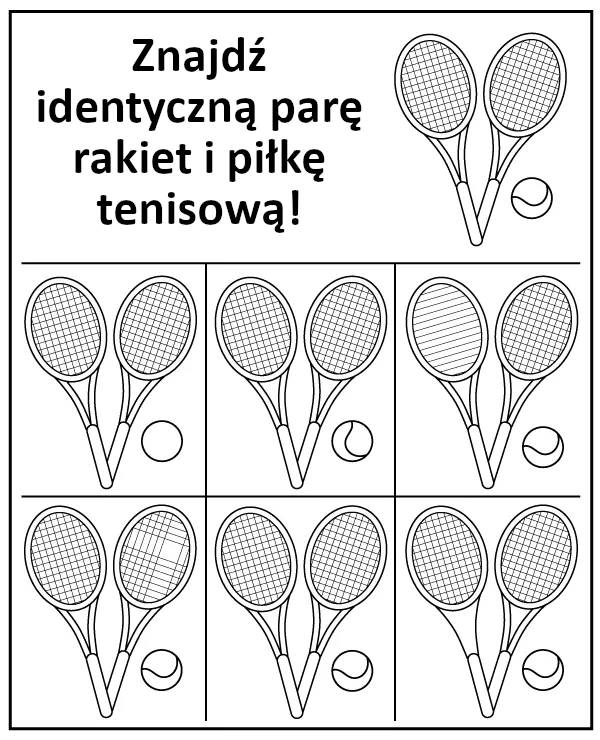 Zadanie dla dzieci - znajdź takie same rakiety do tenisa