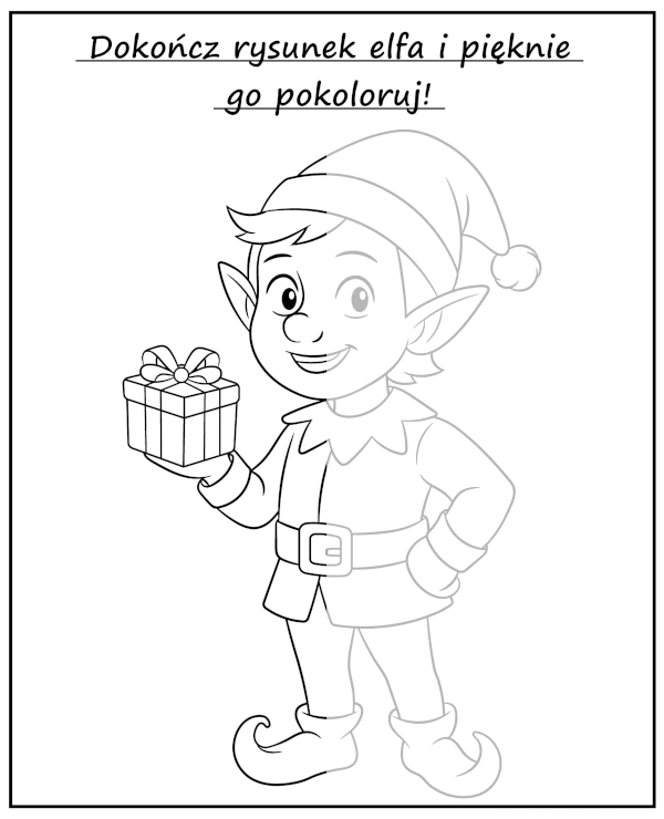 Dokończ obrazek elfa i pokoloruj - zadanie dla dzieci