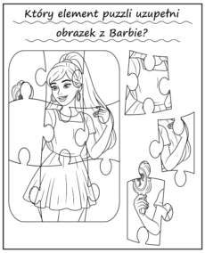 Wskaż brakujący element puzzli Barbie - zadanie dla dzieci