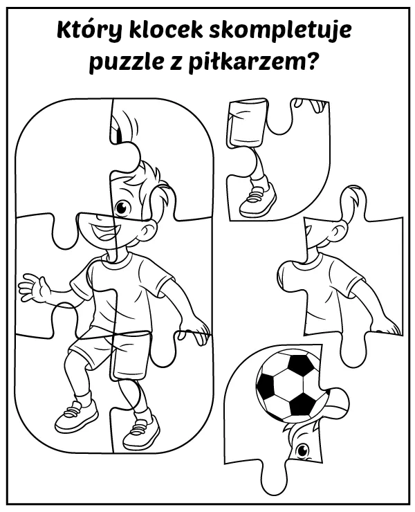 Który element układanki uzupełni obrazek piłkarza - zadanie dla dzieci