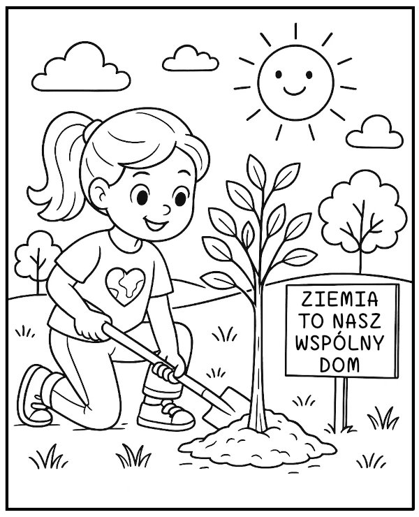 Sadzenie drzewa kolorowanka ekologiczna dla dzieci