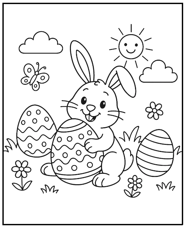 Zając wielkanocny i pisanki łatwa kolorowanka dla dzieci