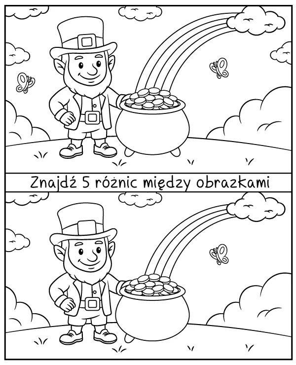 Znajdź 5 różnic na obrazku ze skrzatem - zadanie dla dzieci na Dzień Świętego Patryka