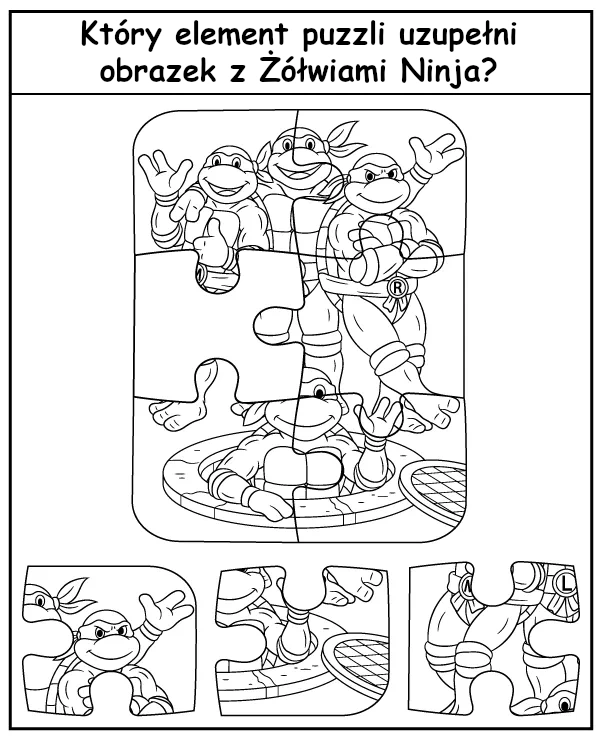 Który element uzupełni puzzle - zadanie dla dzieci Żółwie Ninja