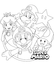 Kolorowanka do druku z Mario, Luigi, księżniczką Daisy i grzybkiem