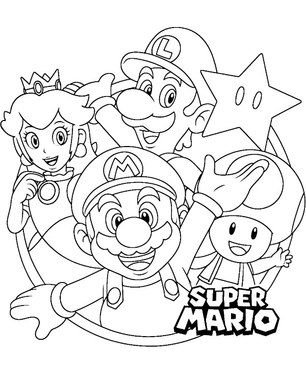 Kolorowanka do druku z bohaterami gry Super Mario
