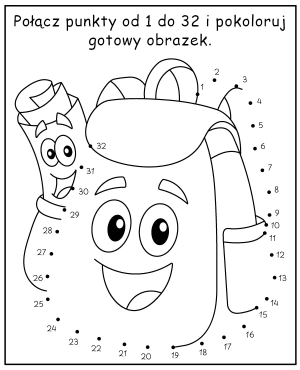 Połącz punkty i pokoloruj plecak Dory - zadanie dla dzieci