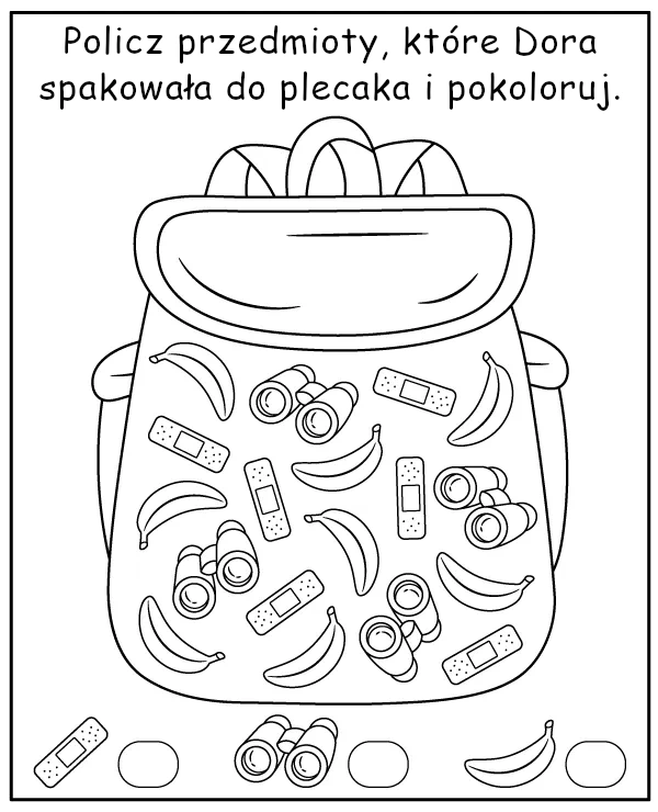 Policz przedmioty w plecaku - zadanie dla dzieci z bajki Dora