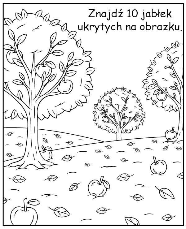 Znajdź 10 jabłek ukrytych na obrazku - zadanie dla dzieci na jesień