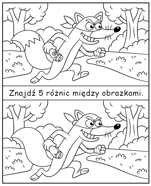 Zadanie dla dzieci Dora - znajdź 5 różnic na obrazku z lisem Swiper