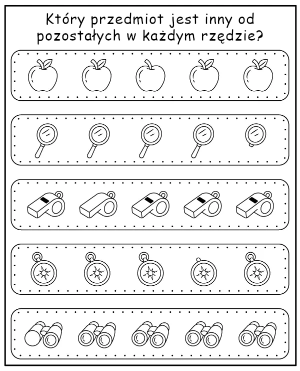 Znajdź Inny Przedmiot w każdym rzędzie - zadanie dla dzieci z bajki Dora