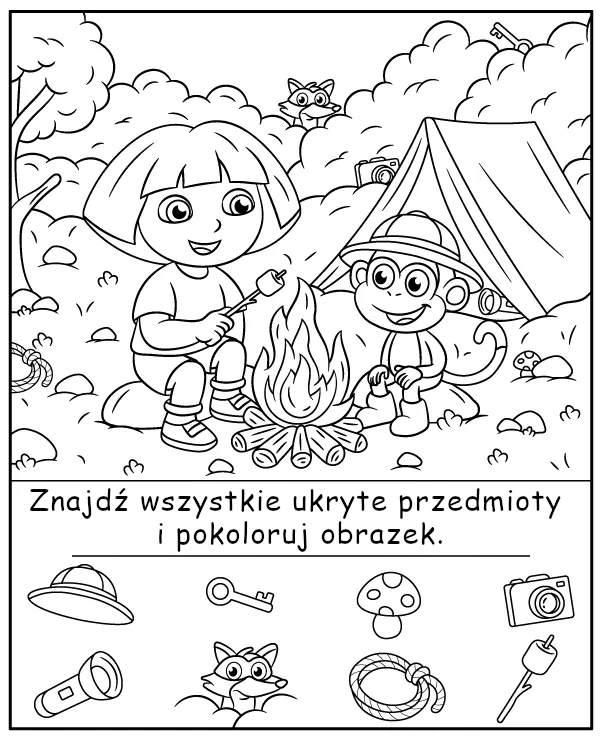 Znajdź ukryte przedmioty na obrazku z bajki Dora
