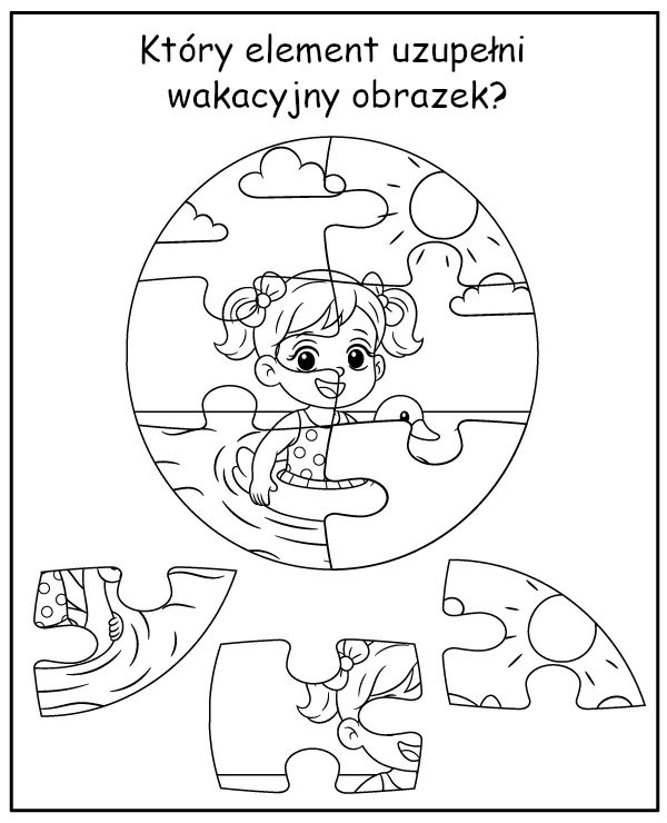 Wskaż brakujący element letniej kolorowanki - zadanie dla dzieci do druku
