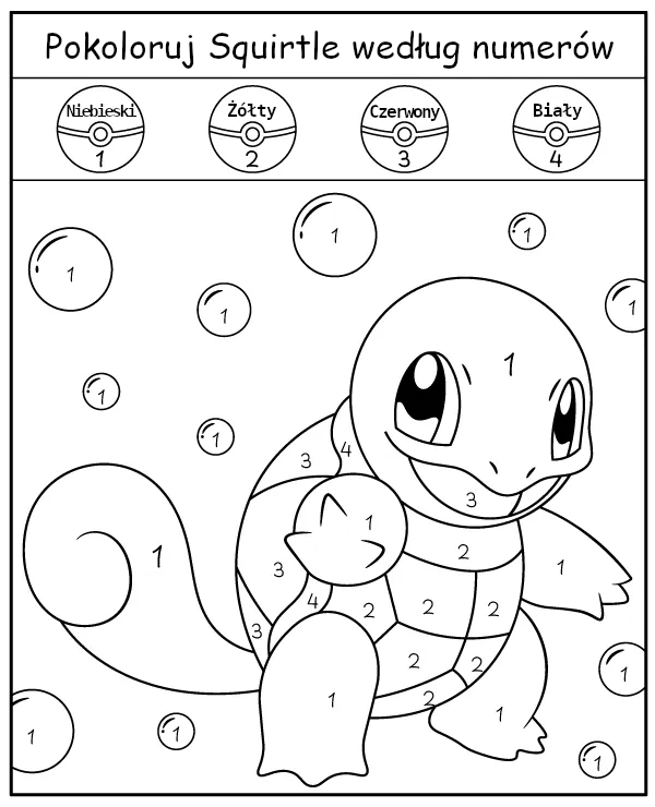 Kolorowanka Squirtle pokoloruj według numerów Pokemon