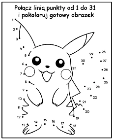 Połącz Kropki i pokoloruj obrazek Pikachu z bajki Pokemon