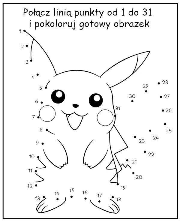 Połącz Kropki i pokoloruj obrazek Pikachu Pokemon