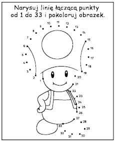 Połącz kropki i pokoloruj obrazek z grzybkiem Mario zadanie do wydruku