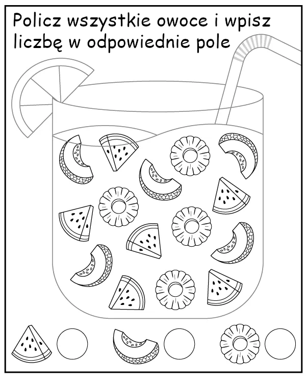 Policz kawałki owoców - zadanie dla dzieci do wydruku
