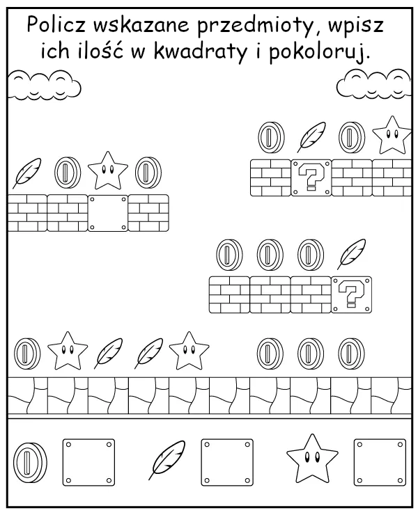 Policz przedmioty na obrazku - zadanie Mario do wydruku