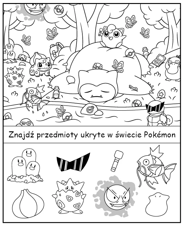 Znajdź przedmioty ukryte na kolorowance Pokemon