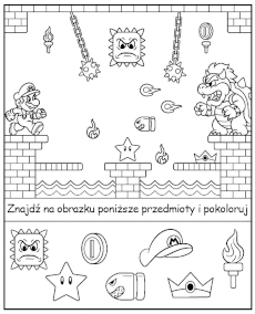 Ukryte przedmioty - zadanie do druku Mario i Bowser na spostrzegawczość