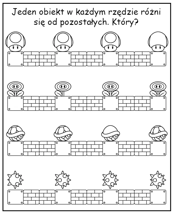 Wskaż obiekt inny od pozostałych - zadanie Mario dla dzieci na spostrzegawczość
