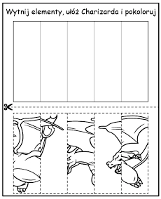 Wytnij elementy i ułóż kolorowankę Charizard - zadanie Pokemon dla dzieci do wydruku