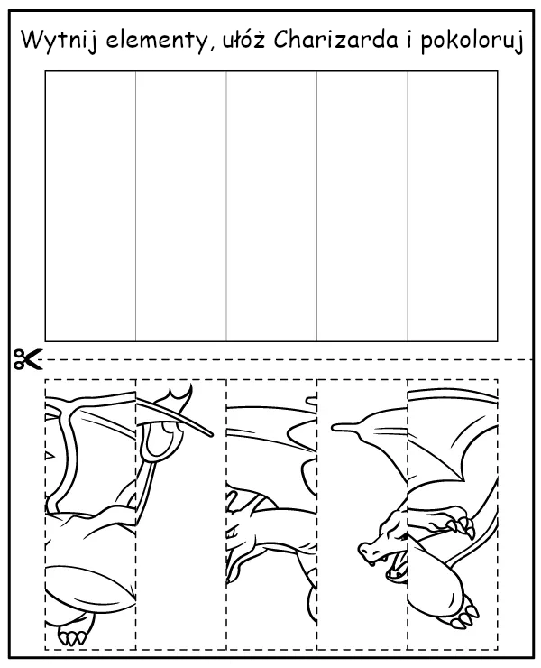 Wytnij elementy i ułóż kolorowankę Charizard - zadanie Pokemon dla dzieci 
