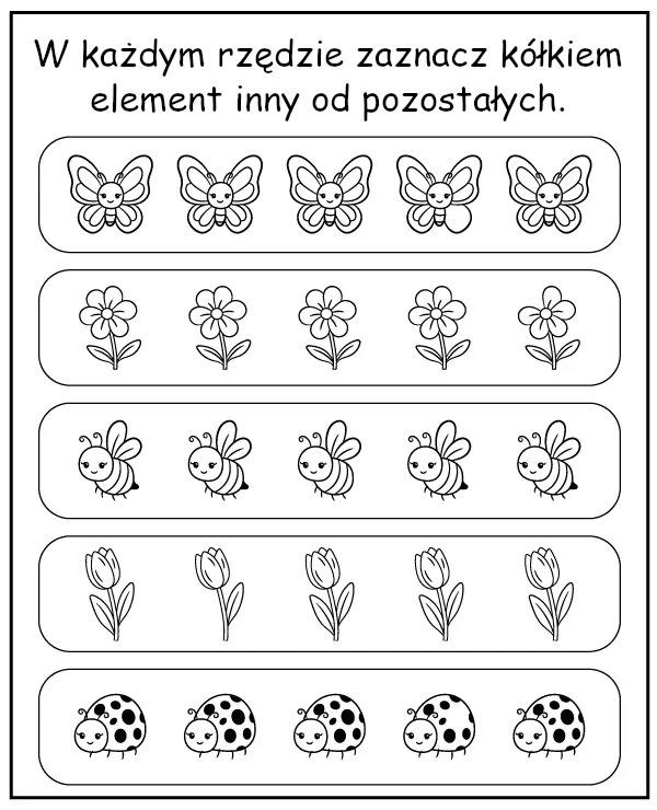 Zaznacz element inny od pozostałych - wiosna zadanie dla dzieci materiały edukacyjne