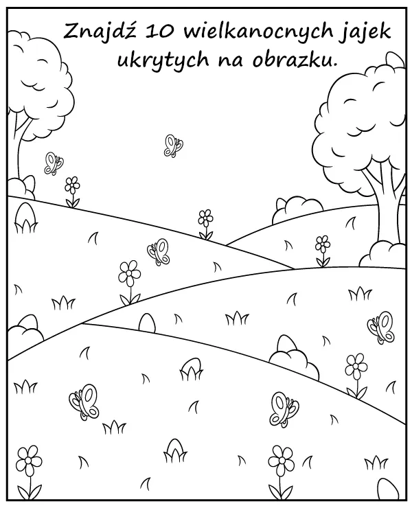 Znajdź pisanki ukryte na kolorowance dla dzieci - zadanie do wydruku na Wielkanoc