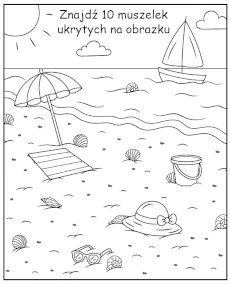 Znajdź muszelki ukryte na kolorowance - zadanie do wydruku