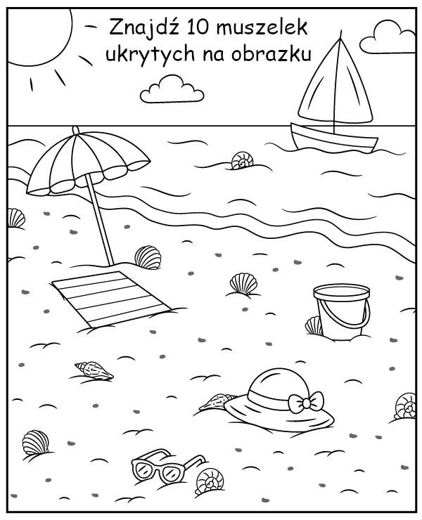 Znajdź muszelki ukryte na kolorowance - zadanie dla dzieci na lato