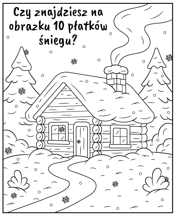 Znajdź płatki śniegu ukryte na kolorowance - zadanie na spostrzegawczość dla dzieci