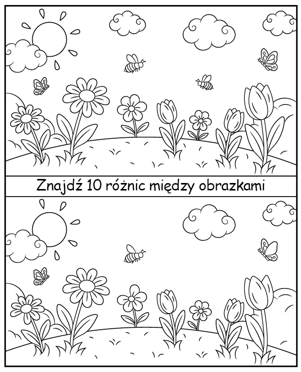 Znajdź 10 różnic między wiosennymi obrazkami do druku