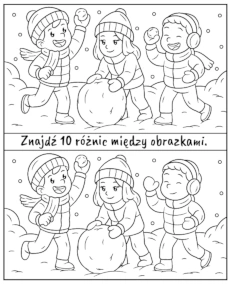 Znajdź 10 różnic między zimowymi obrazkami - zadanie do druku na spostrzegawczość