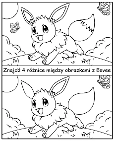 Znajdź 4 różnice między obrazkami z Eevee Pokemon - zadanie do druku dla dzieci