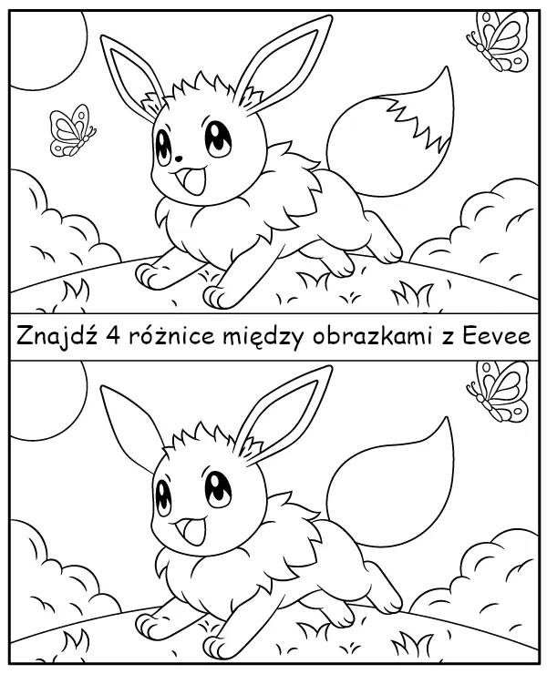 Znajdź 4 różnice na obrazku z Eevee Pokemon - zadanie do druku dla dzieci