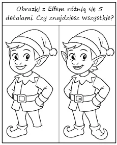Znajdź 5 różnic na kolorowankach z Elfem - zadanie świąteczne do druku