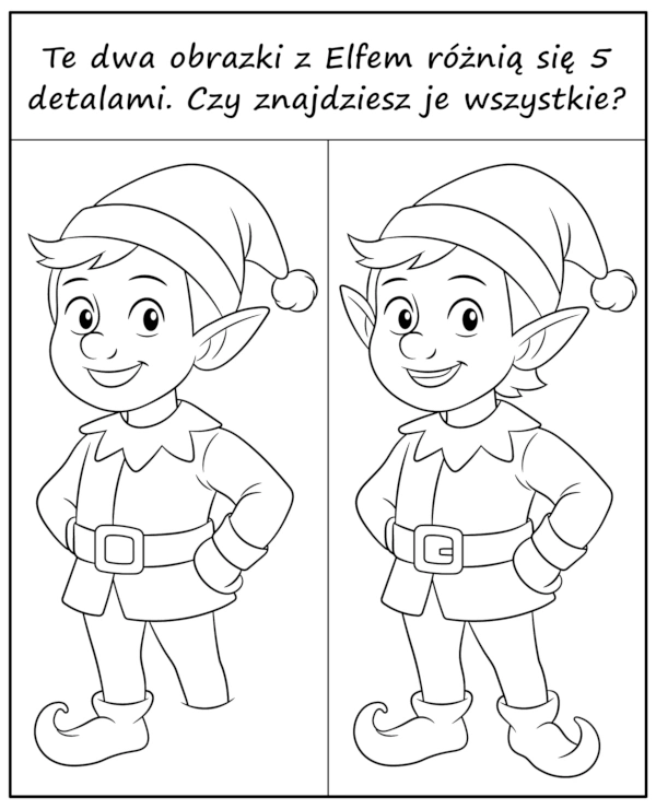 Znajdź 5 różnic na kolorowankach z Elfem - zadanie świąteczne