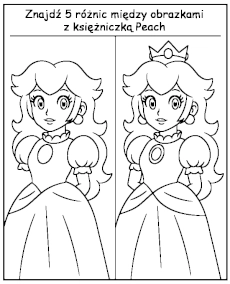 Znajdź 5 różnic między kolorowankami z księżniczką Peach z bajki Mario