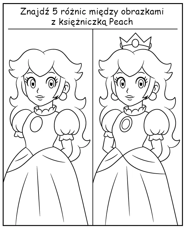 Znajdź 5 różnic na obrazku z księżniczką Peach z bajki Mario