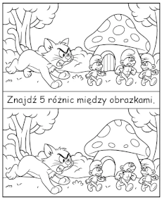 Znajdź 5 różnic między obrazkami - zadanie dla dzieci Smerfy i klakier
