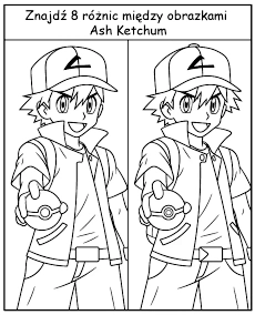 Znajdź 8 różnic między kolorowankami Ash Ketchum Pokemon do druku