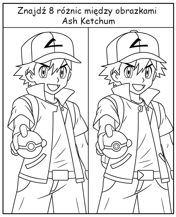 Znajdź 8 różnic między kolorowankami Ash Ketchum Pokemon
