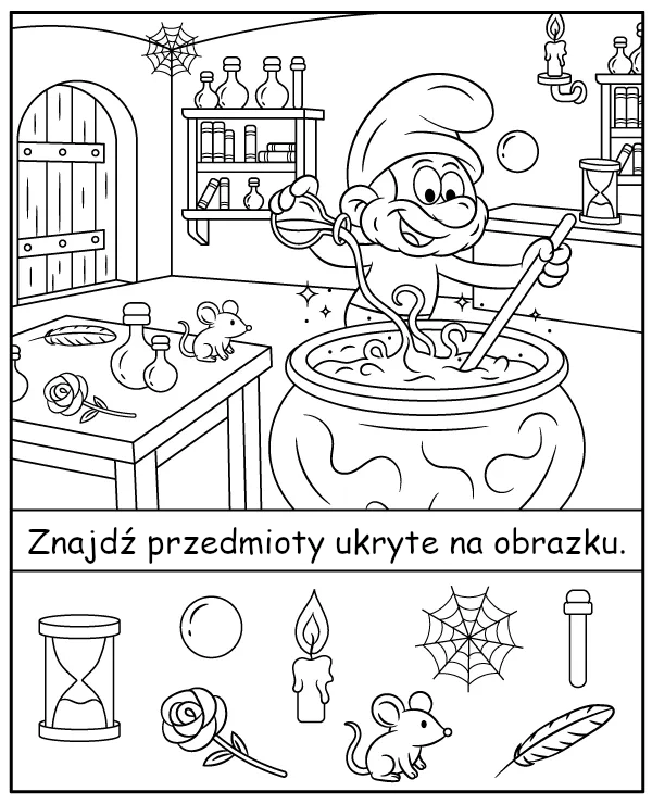 Smerfy zadanie na spostrzegawczość - znajdź ukryte przedmioty
