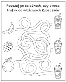 Owocowy labirynt dla dzieci łamigłówka do wydruku