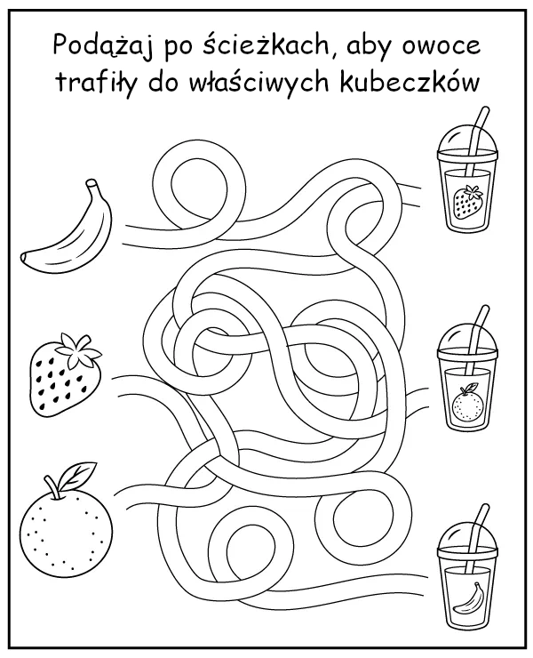 Owocowy labirynt dla dzieci zadanie do wydruku